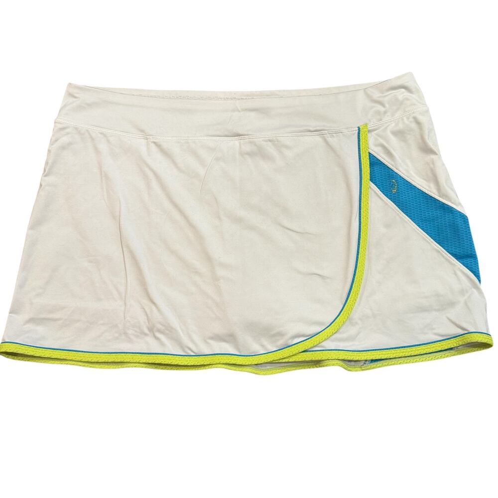 ASICS women’s tennis skort, faux wrap w teal, neon yellow, Xl